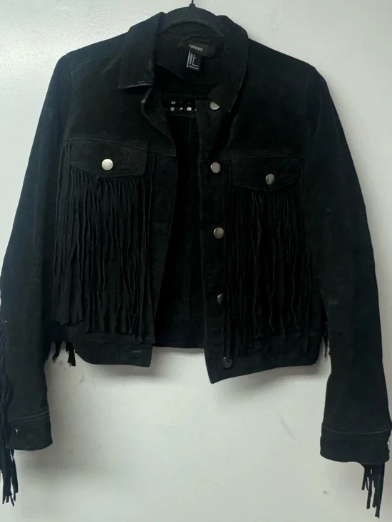 Forever 21 Black Suede Fringe Jacket Spiked Cowgirl Western Festival Punk Small - Picture 5 of 15